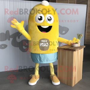 Yellow Miso Soup mascot costume character dressed with a Chambray Shirt and Keychains