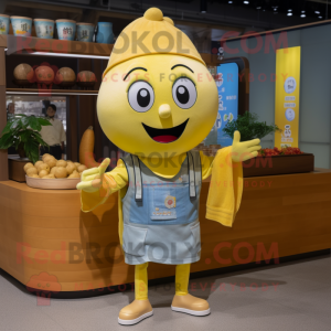 Yellow Miso Soup mascot costume character dressed with a Chambray Shirt and Keychains