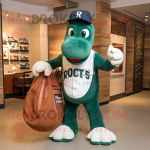 Rust Loch Ness Monster mascot costume character dressed with a Baseball Tee and Tote bags