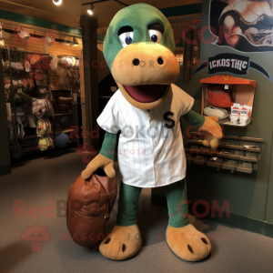 Rust Loch Ness Monster mascot costume character dressed with a Baseball Tee and Tote bags