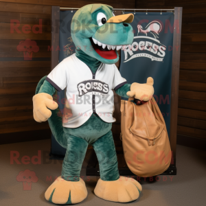 Rust Loch Ness Monster mascot costume character dressed with a Baseball Tee and Tote bags