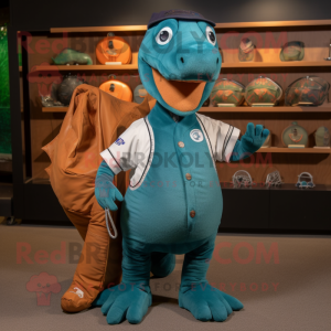 Rust Loch Ness Monster mascot costume character dressed with a Baseball Tee and Tote bags