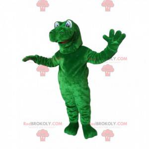 Giant green dinosaur mascot with protruding eyes -