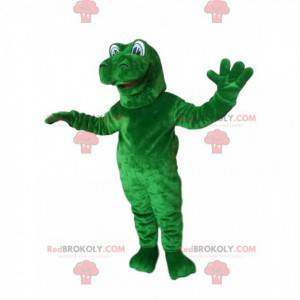 Obří zelený maskot dinosaura s vyčnívajícími očima -