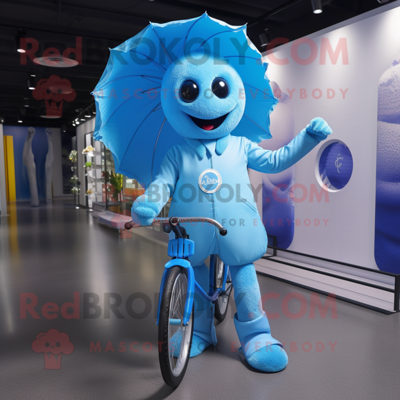 Sky Blue Unicyclist mascot costume character dressed with a Raincoat and Belts