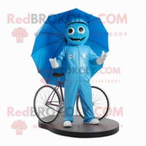 Sky Blue Unicyclist mascot costume character dressed with a Raincoat and Belts