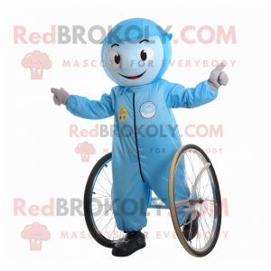 Sky Blue Unicyclist mascot costume character dressed with a Raincoat and Belts