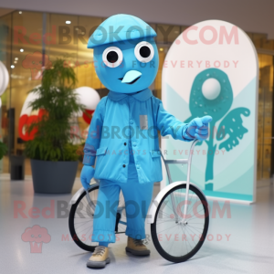 Sky Blue Unicyclist mascot costume character dressed with a Raincoat and Belts