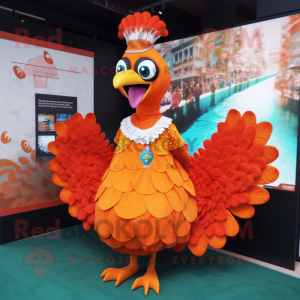 Orange Peacock mascot costume character dressed with a Pleated Skirt and Lapel pins