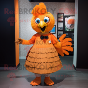 Orange Peacock mascot costume character dressed with a Pleated Skirt and Lapel pins