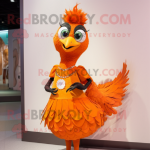 Orange Peacock mascot costume character dressed with a Pleated Skirt and Lapel pins