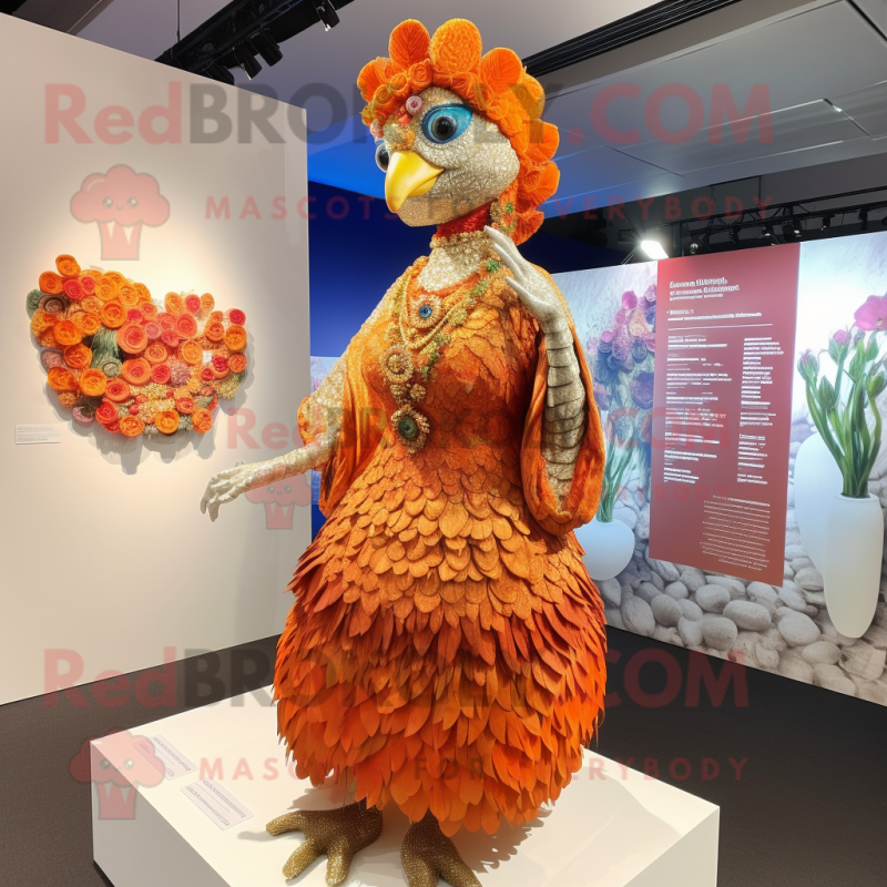 Orange Peacock mascot costume character dressed with a Pleated Skirt and Lapel pins Orange Peacock mascot costume character dressed with a Pleated Skirt and Lapel pins