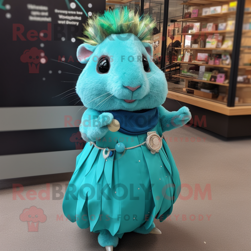 Teal Guinea Pig mascot costume character dressed with a Skirt and Earrings Teal Guinea Pig mascot costume character dressed with a Skirt and Earrings