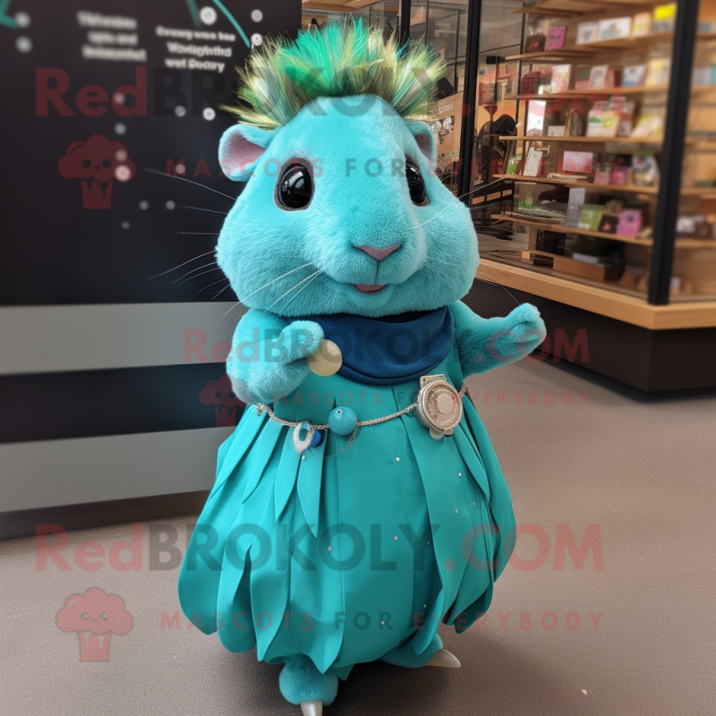 Teal Guinea Pig mascot costume character dressed with a Skirt and Earrings