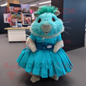 Teal Guinea Pig mascot costume character dressed with a Skirt and Earrings