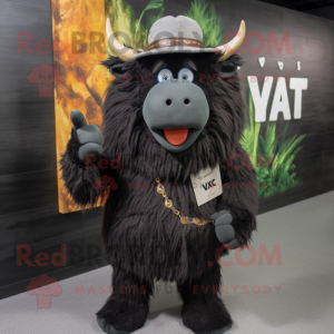 Black Yak mascot costume character dressed with a V-Neck Tee and Hats