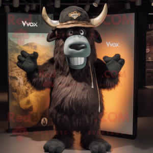 Black Yak mascot costume character dressed with a V-Neck Tee and Hats