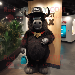 Black Yak mascot costume character dressed with a V-Neck Tee and Hats