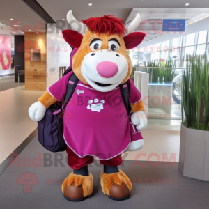 Magenta Guernsey Cow mascot costume character dressed with a Skirt and Backpacks