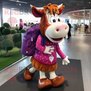 Magenta Guernsey Cow mascot costume character dressed with a Skirt and Backpacks