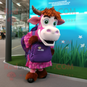 Magenta Guernsey Cow mascot costume character dressed with a Skirt and Backpacks