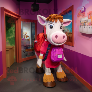 Magenta Guernsey Cow mascot costume character dressed with a Skirt and Backpacks