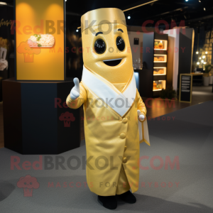 Gold Sushi mascot costume character dressed with a Cocktail Dress and Lapel pins