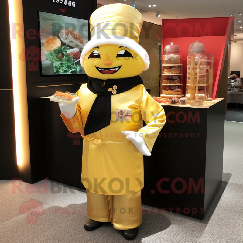 Gold Sushi mascot costume character dressed with a Cocktail Dress and Lapel pins Gold Sushi mascot costume character dressed with a Cocktail Dress and Lapel pins
