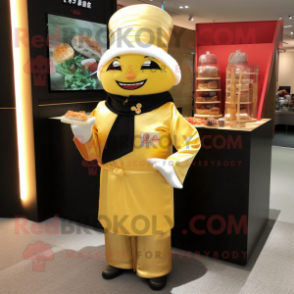 Gold Sushi mascot costume character dressed with a Cocktail Dress and Lapel pins