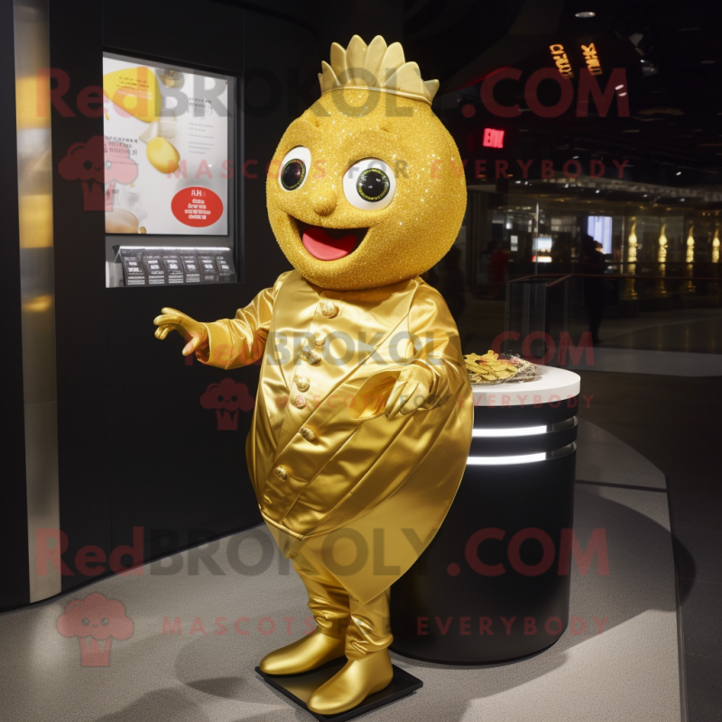 Gold Sushi mascot costume character dressed with a Cocktail Dress and Lapel pins