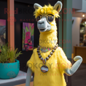 Lemon Yellow Llama mascot costume character dressed with a Tank Top and Necklaces
