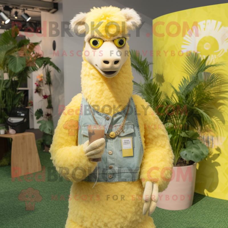 Lemon Yellow Llama mascot costume character dressed with a Tank Top and Necklaces Lemon Yellow Llama mascot costume character dressed with a Tank Top and Necklaces