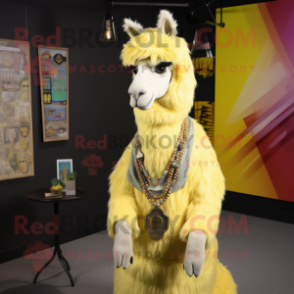 Lemon Yellow Llama mascot costume character dressed with a Tank Top and Necklaces