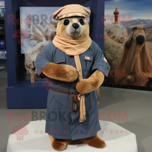 Rust Navy Seal mascot costume character dressed with a Wrap Dress and Shawl pins