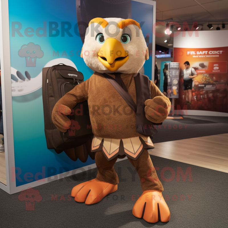 Brown Hawk mascot costume character dressed with a Yoga Pants and Briefcases Brown Hawk mascot costume character dressed with a Yoga Pants and Briefcases