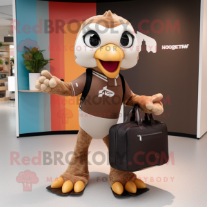 Brown Hawk mascot costume character dressed with a Yoga Pants and Briefcases