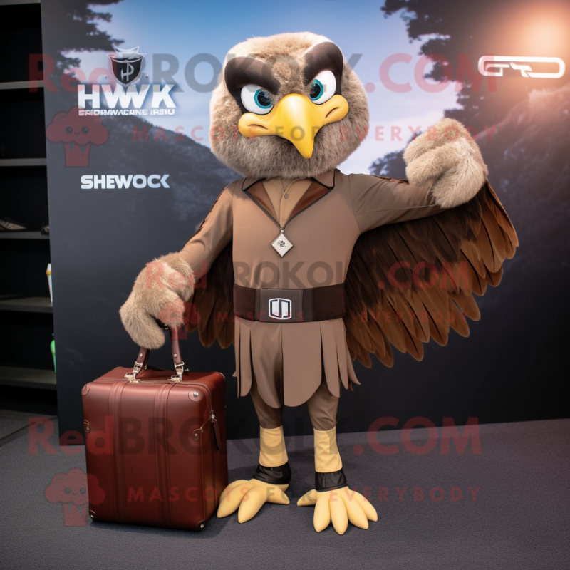 Brown Hawk mascot costume character dressed with a Yoga Pants and Briefcases