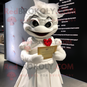 White Love Letter mascot costume character dressed with a Wedding Dress and Cummerbunds