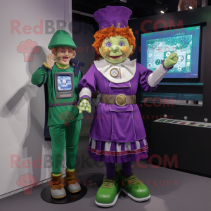 Purple Leprechaun mascot costume character dressed with a Pencil Skirt and Smartwatches