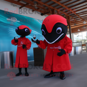 Red Killer Whale mascot costume character dressed with a Cocktail Dress and Smartwatches