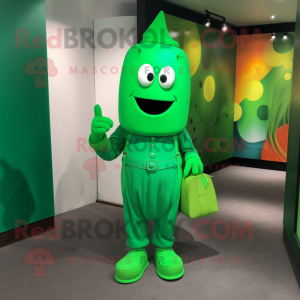 Green Pendant mascot costume character dressed with a Trousers and Clutch bags