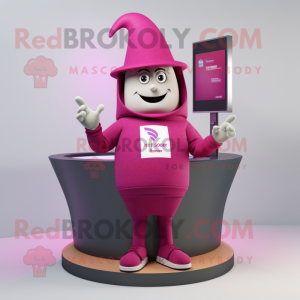 Magenta Hourglass mascot costume character dressed with a Sweatshirt and Hats