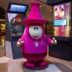 Magenta Hourglass mascot costume character dressed with a Sweatshirt and Hats