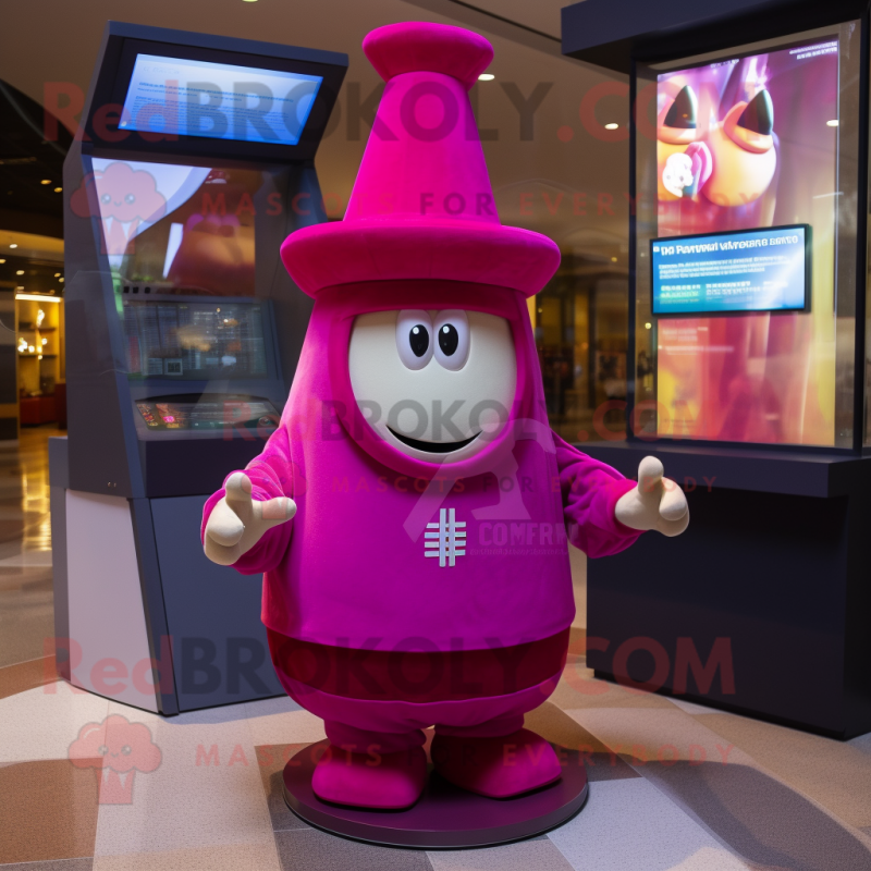 Magenta Hourglass mascot costume character dressed with a Sweatshirt and Hats
