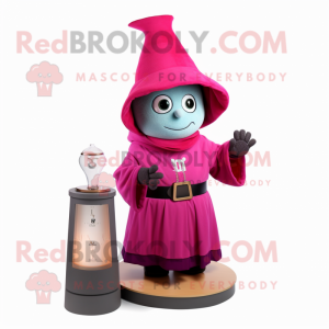 Magenta Hourglass mascot costume character dressed with a Sweatshirt and Hats