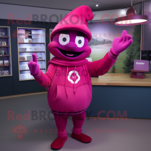 Magenta Hourglass mascot costume character dressed with a Sweatshirt and Hats