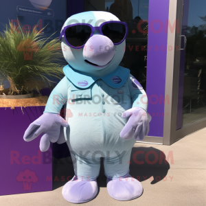 Lavender Stellar'S Sea Cow mascot costume character dressed with a Henley Shirt and Sunglasses
