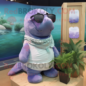 Lavender Stellar'S Sea Cow mascot costume character dressed with a Henley Shirt and Sunglasses