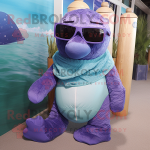 Lavender Stellar'S Sea Cow mascot costume character dressed with a Henley Shirt and Sunglasses