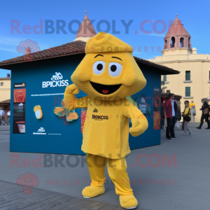 Gold Paella mascot costume character dressed with a Joggers and Keychains